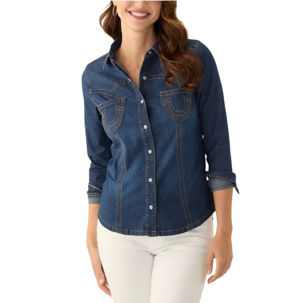 True‎ Religion Womens Denim Western Jean Shirt Long Sleeve Blue Size L